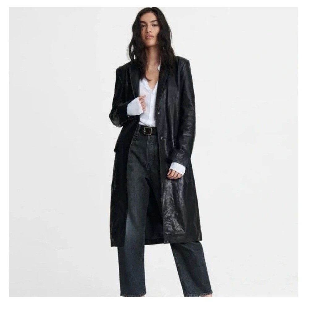 rag & bone Black Leather Double-Breasted Trench Coat